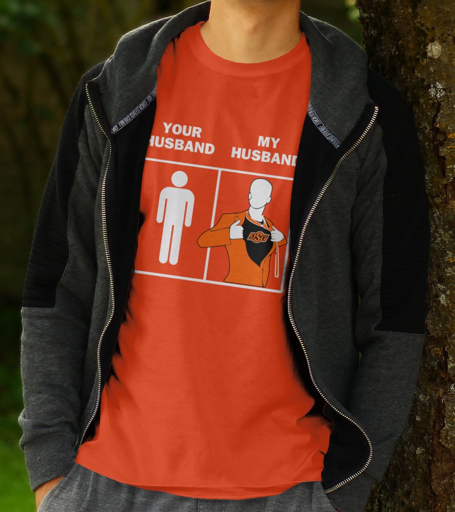 Oklahoma State Cowboys Your Husband My Husband OSU Logo Superhero Orange Suit T-Shirt