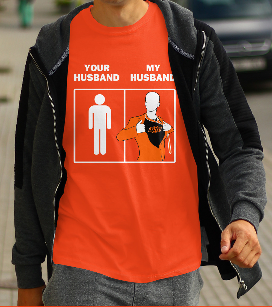 Oklahoma State Cowboys Your Husband My Husband OSU Logo Superhero Orange Suit T-Shirt