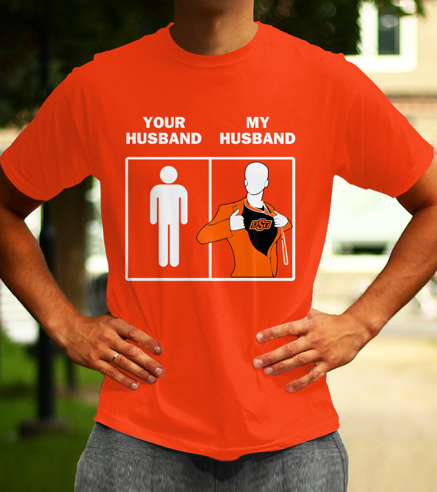 Oklahoma State Cowboys Your Husband My Husband OSU Logo Superhero Orange Suit T-Shirt