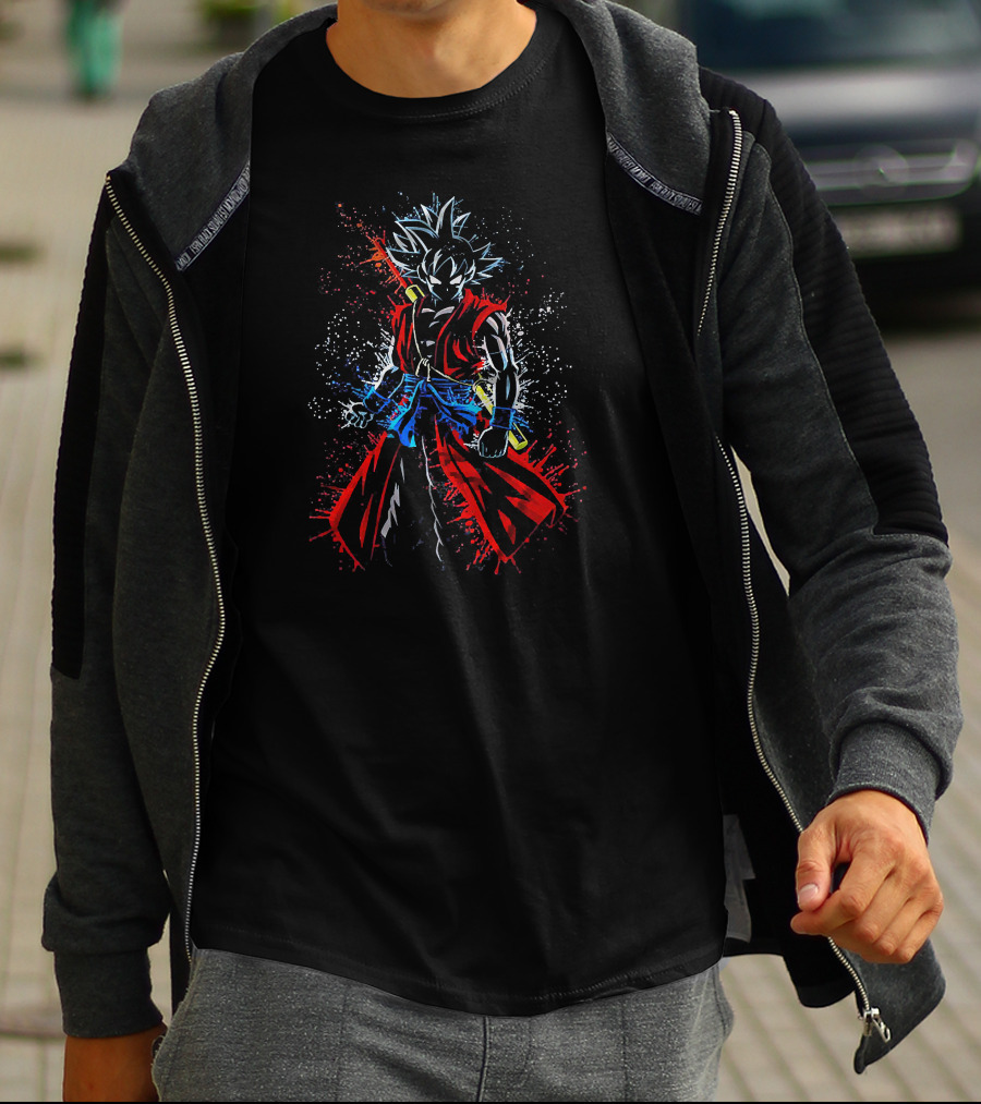 Son Goku Samurai Warrior Fusion With Epic Sword And Dynamic Splash Brush Strokes T-Shirt