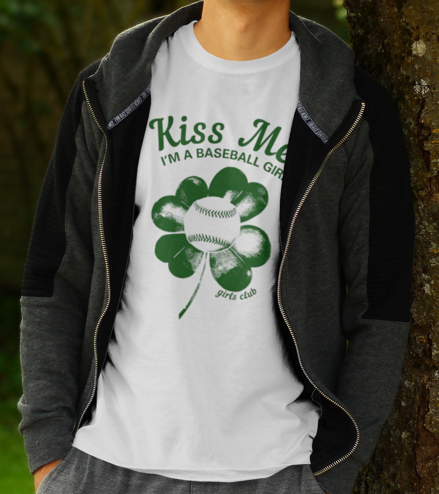 Kiss Me I'm A Baseball Girl Four Leaf Clover Stitch Lines T-Shirt