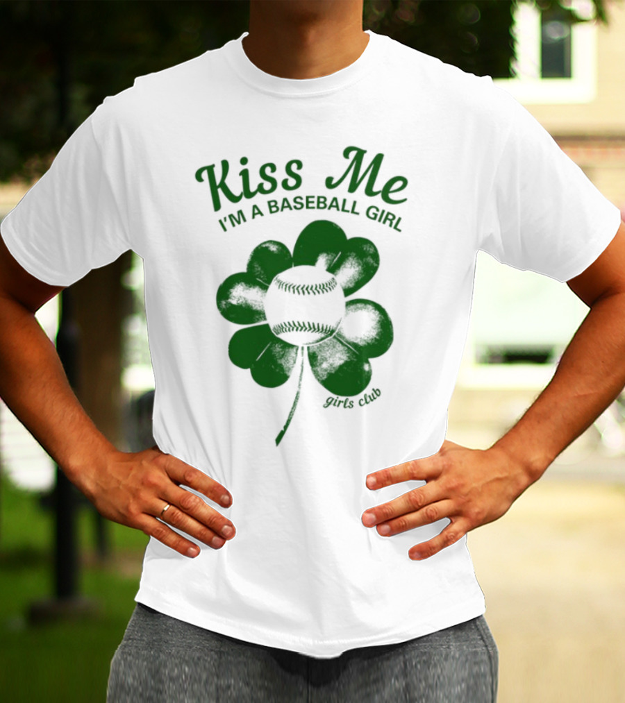 Kiss Me I'm A Baseball Girl Four Leaf Clover Stitch Lines T-Shirt