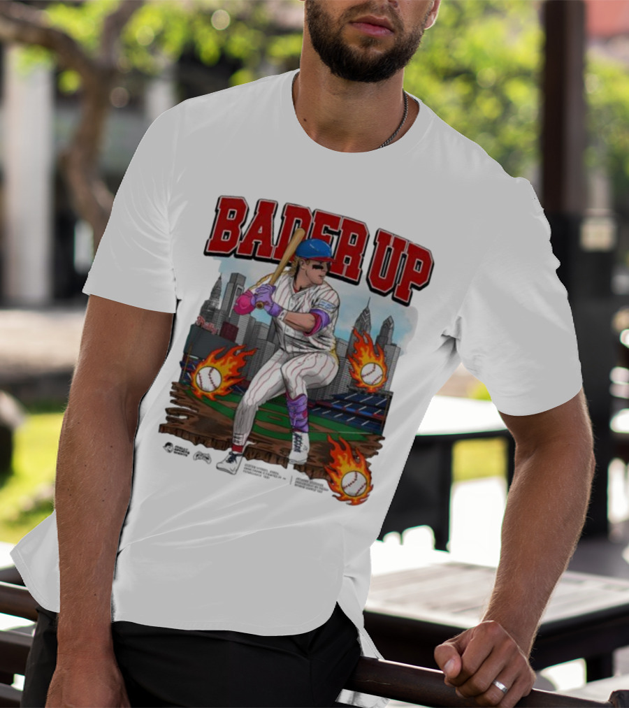 Bader Up Baseball Player Philadelphia Skyline And Flaming Baseballs T-Shirt