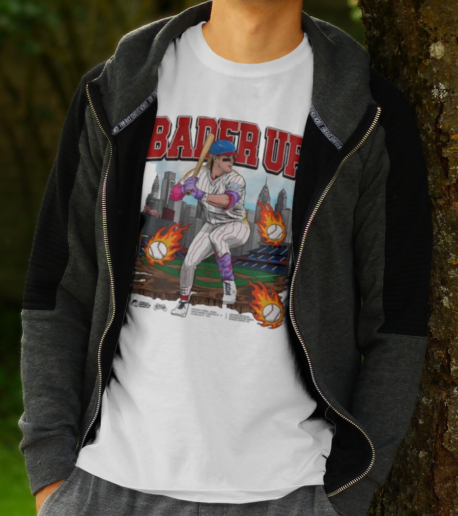 Bader Up Baseball Player Philadelphia Skyline And Flaming Baseballs T-Shirt