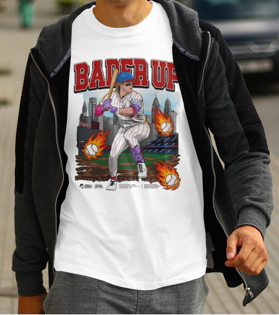 Bader Up Baseball Player Philadelphia Skyline And Flaming Baseballs T-Shirt