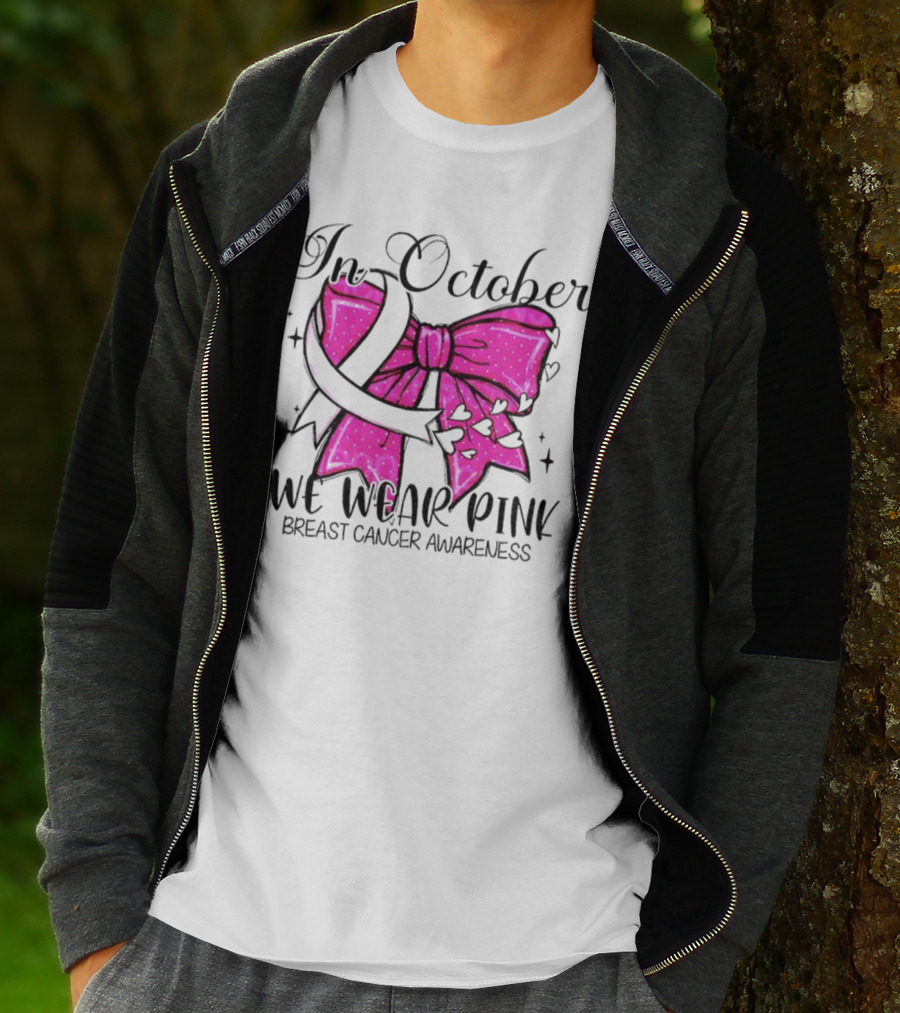 In October We Wear Pink Breast Cancer Awareness Coquette Bow T-Shirt