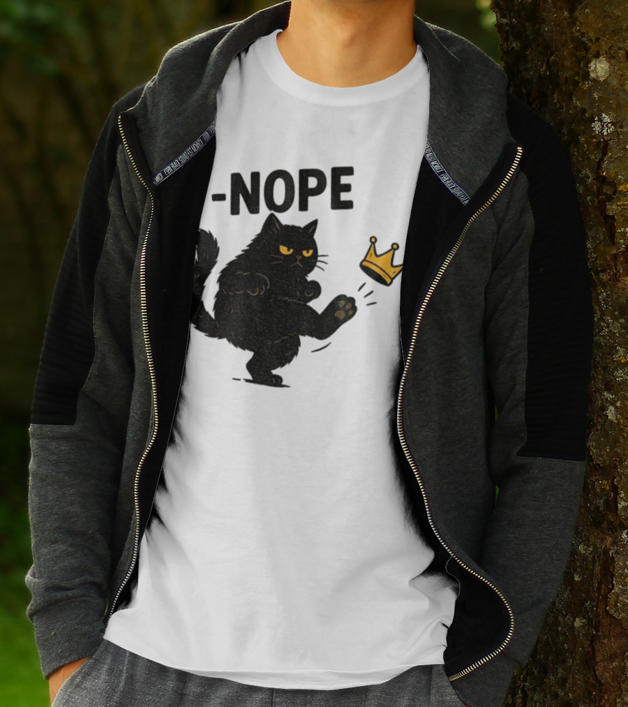 Nope Black Cat Kicking Crown Anti-Trump No Kings In America T-Shirt