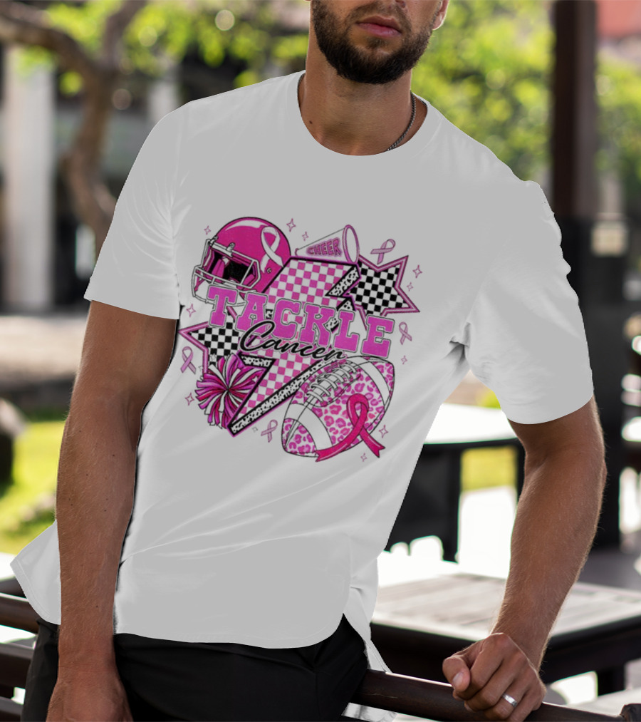Pink Football Tackle Cancer Cheer Breast Cancer Awareness Ribbons T-Shirt