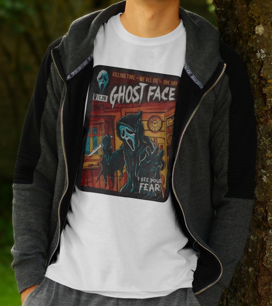 Ghost Face Killing Time Comic Book We All Die One Day I See Your Fear T-Shirt