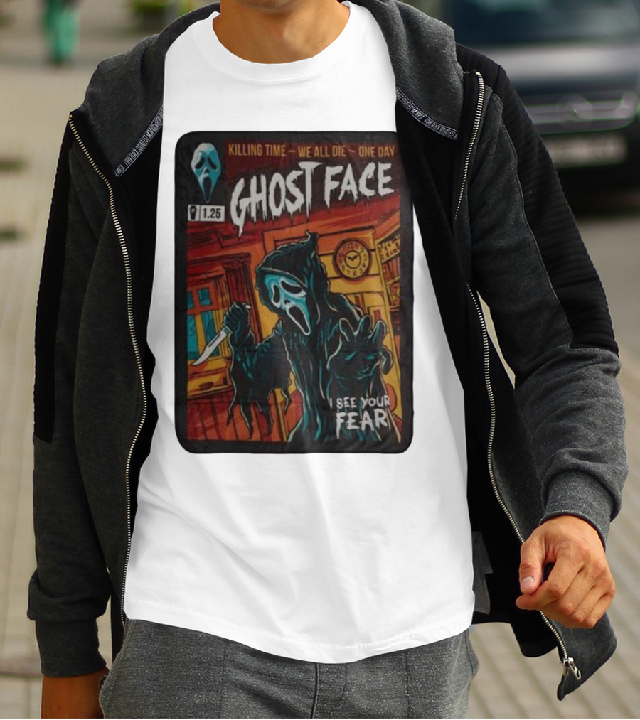 Ghost Face Killing Time Comic Book We All Die One Day I See Your Fear T-Shirt