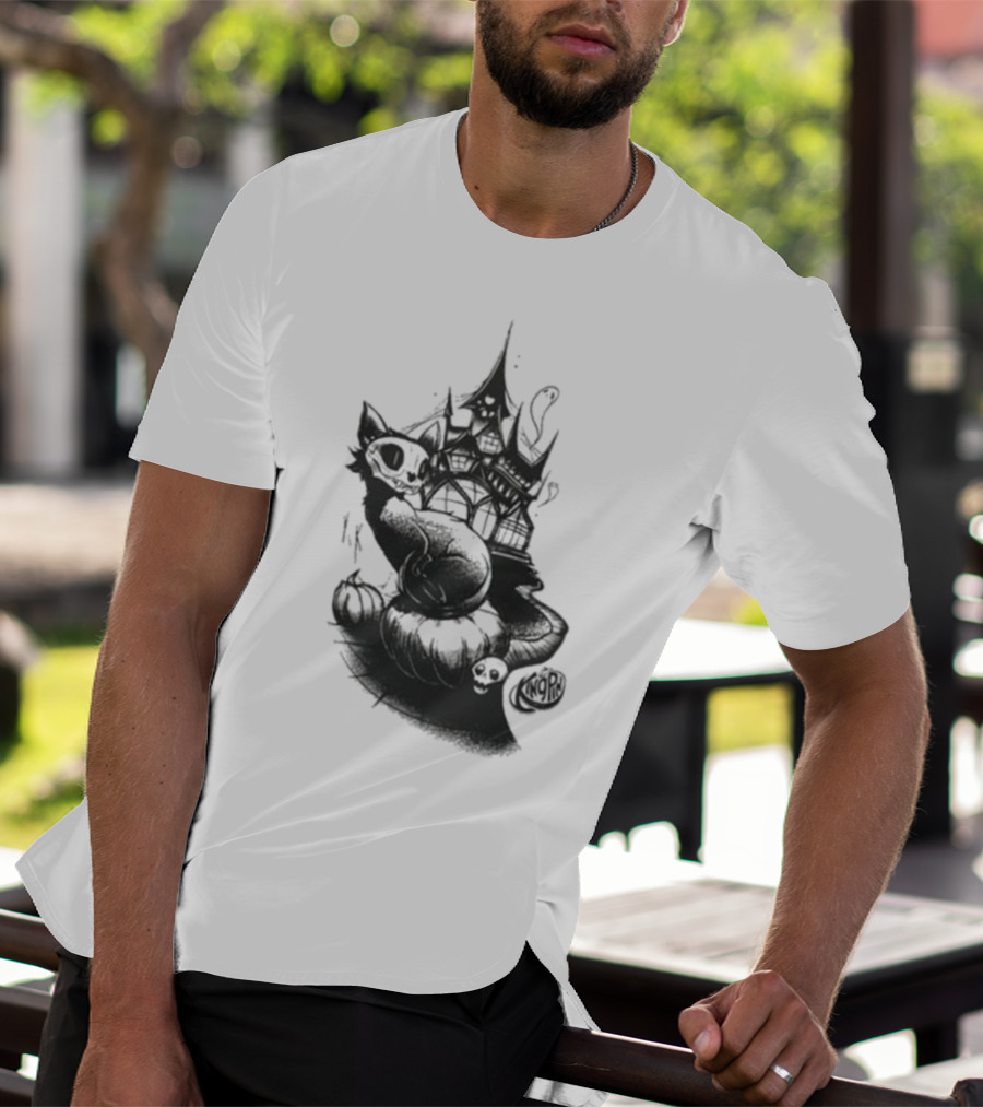 Kingpin Skelecat Haunt By Kellan Horner Ghostly Cat With Crown And Smoke T-Shirt