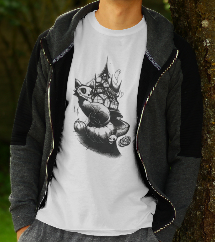 Kingpin Skelecat Haunt By Kellan Horner Ghostly Cat With Crown And Smoke T-Shirt