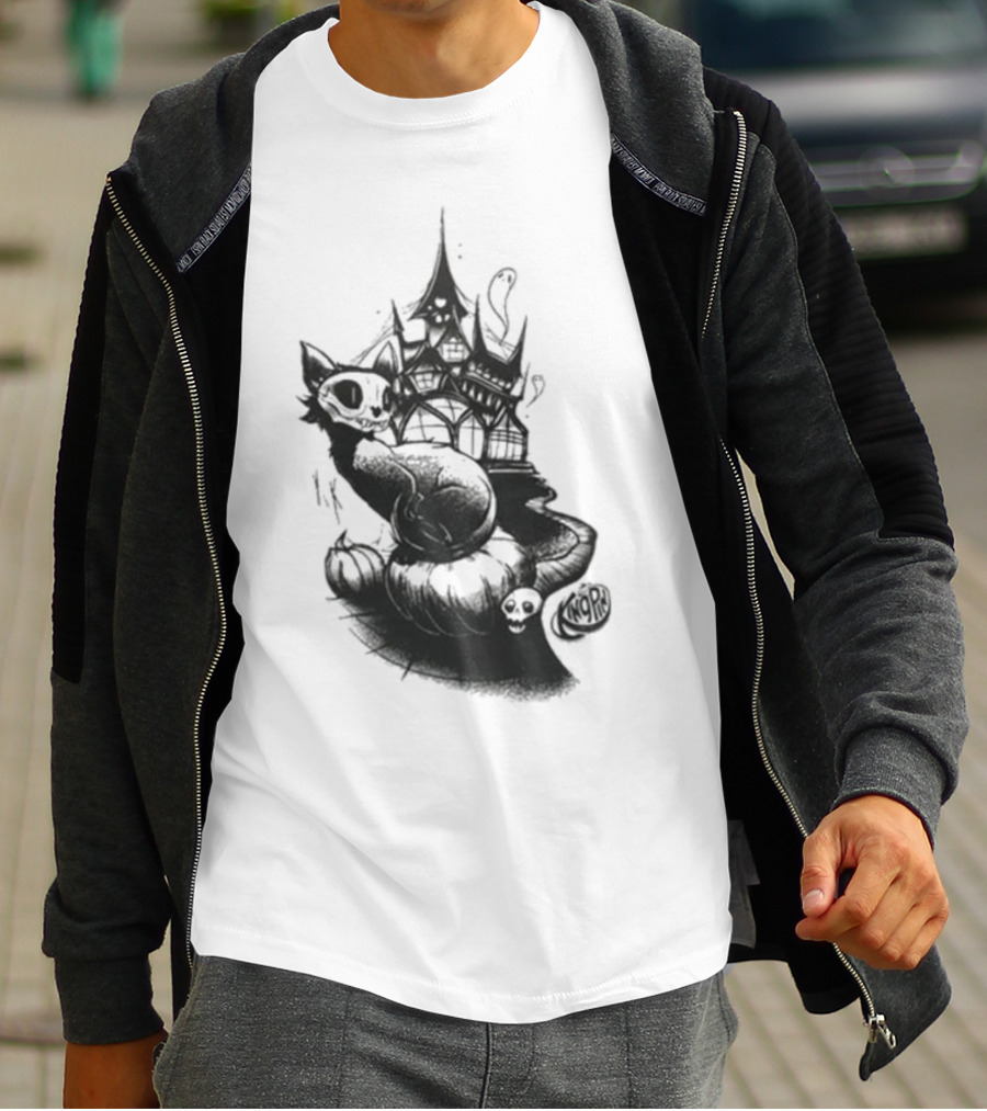 Kingpin Skelecat Haunt By Kellan Horner Ghostly Cat With Crown And Smoke T-Shirt