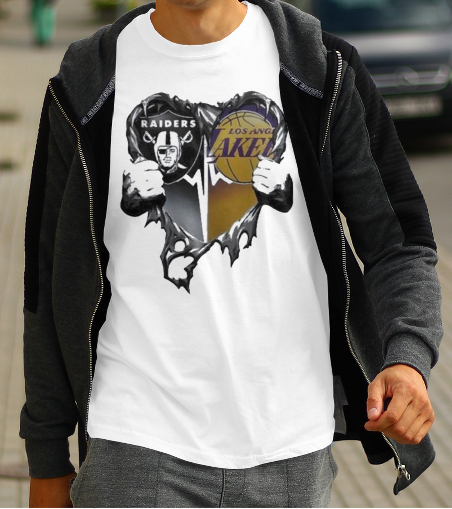 Las Vegas Raiders Los Angeles Lakers Heart Design T-Shirt