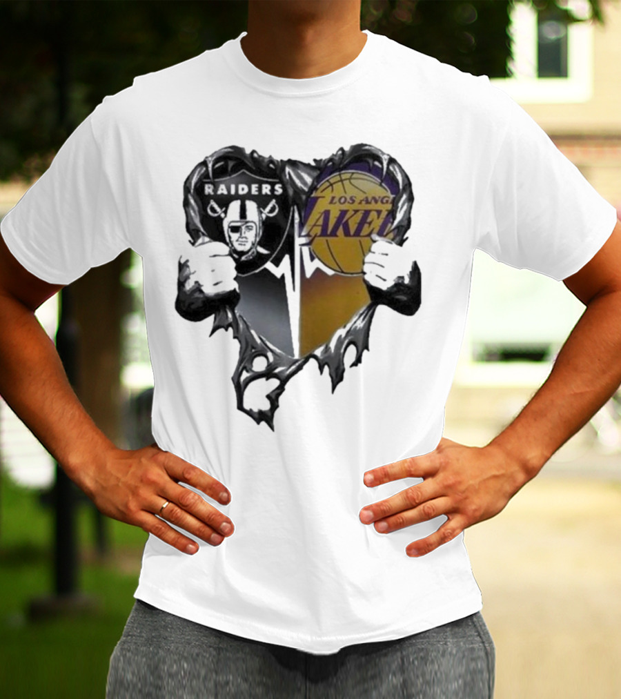 Las Vegas Raiders Los Angeles Lakers Heart Design T-Shirt