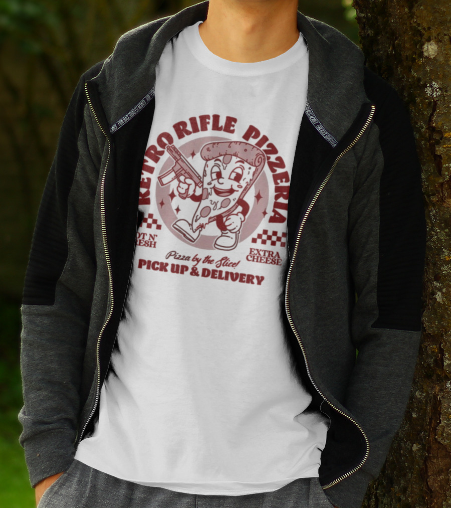 Retro Rifle Pizzeria Pick Up And Delivery Hot N Fresh Extra Cheese Pizza By The Slice T-Shirt