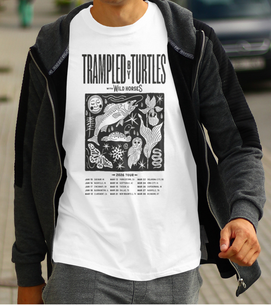 Trampled By Turtles Wild Horses 2026 Tour Dates Fish Sun Moon Flower Butterfly T-Shirt