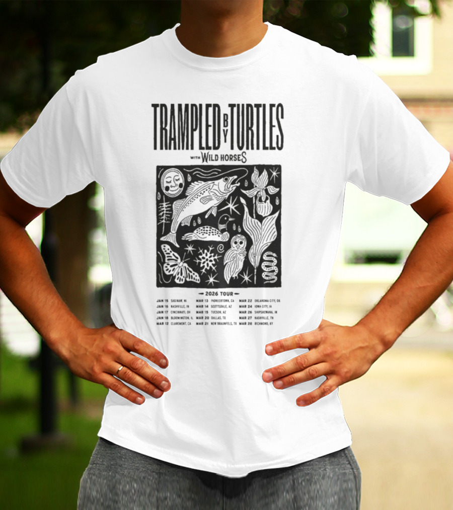Trampled By Turtles Wild Horses 2026 Tour Dates Fish Sun Moon Flower Butterfly T-Shirt
