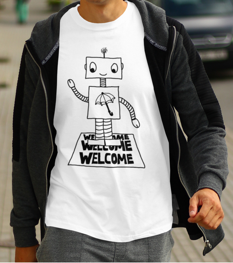 Robot Welcome Friendly Waving With Umbrella T-Shirt