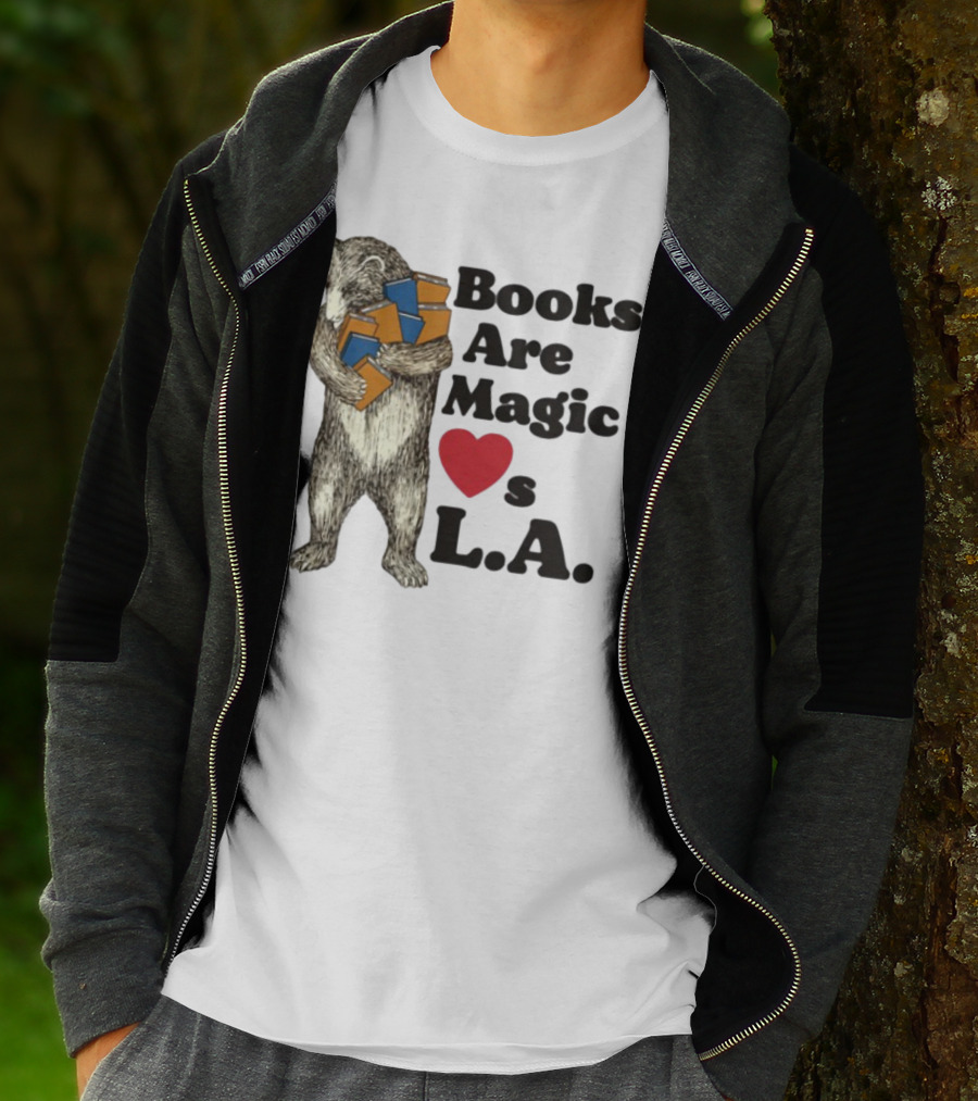 Books Are Magic Loves L.A. Bear With Books Illustration T-Shirt