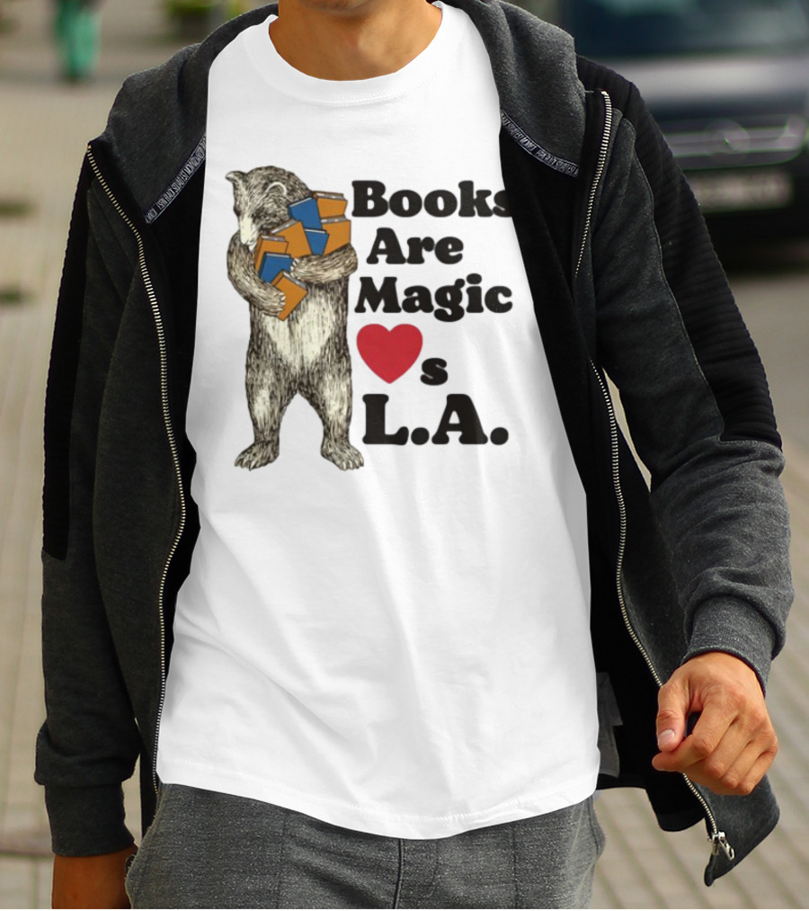 Books Are Magic Loves L.A. Bear With Books Illustration T-Shirt