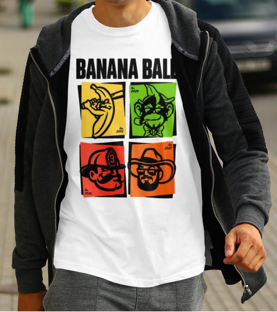 Banana Ball 2025 Cowboy Firefighter Joker Swordsman Icons Est 2016 2020 2024 2025 T-Shirt