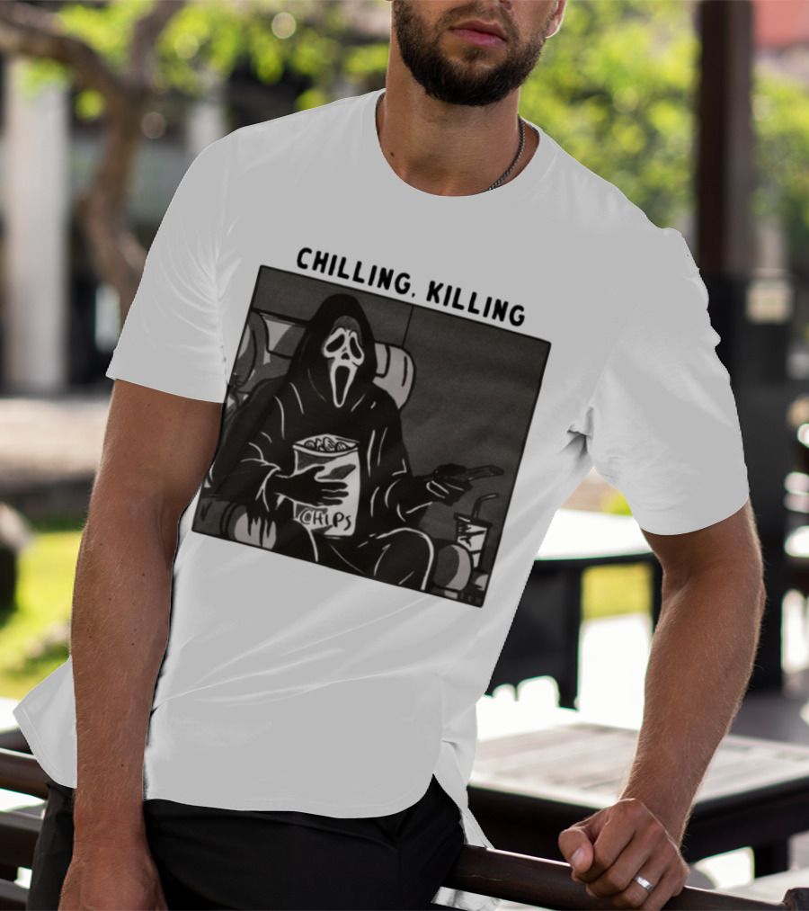Ghost Face Chips Chilling Killing Movie Night Vibes T-Shirt