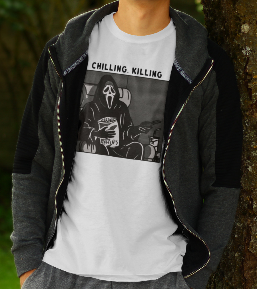 Ghost Face Chips Chilling Killing Movie Night Vibes T-Shirt