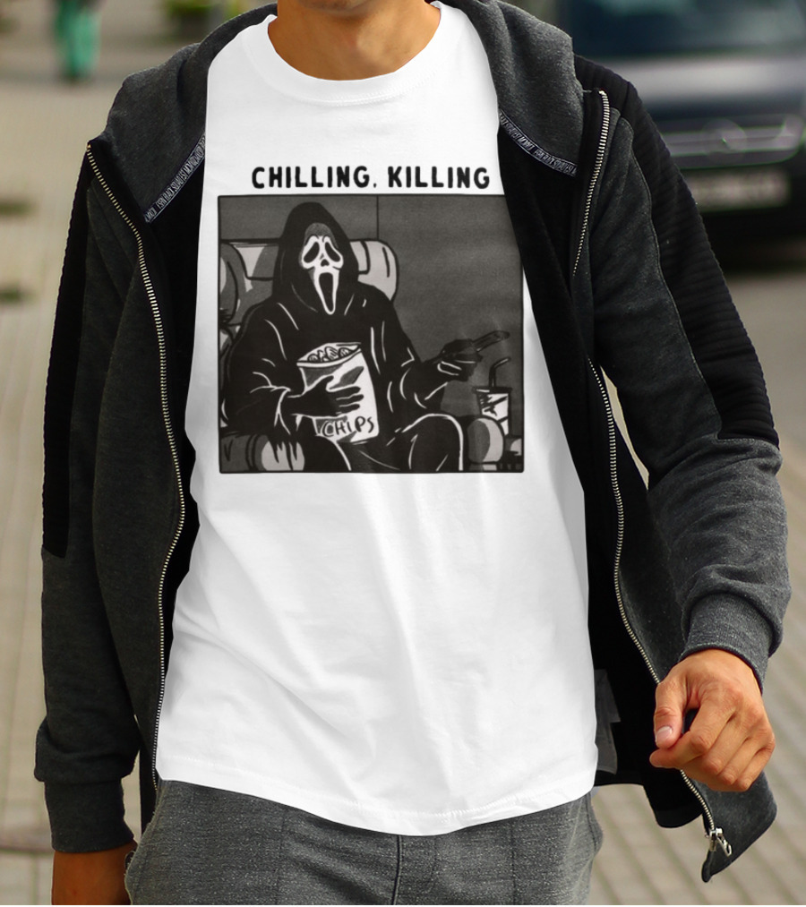 Ghost Face Chips Chilling Killing Movie Night Vibes T-Shirt