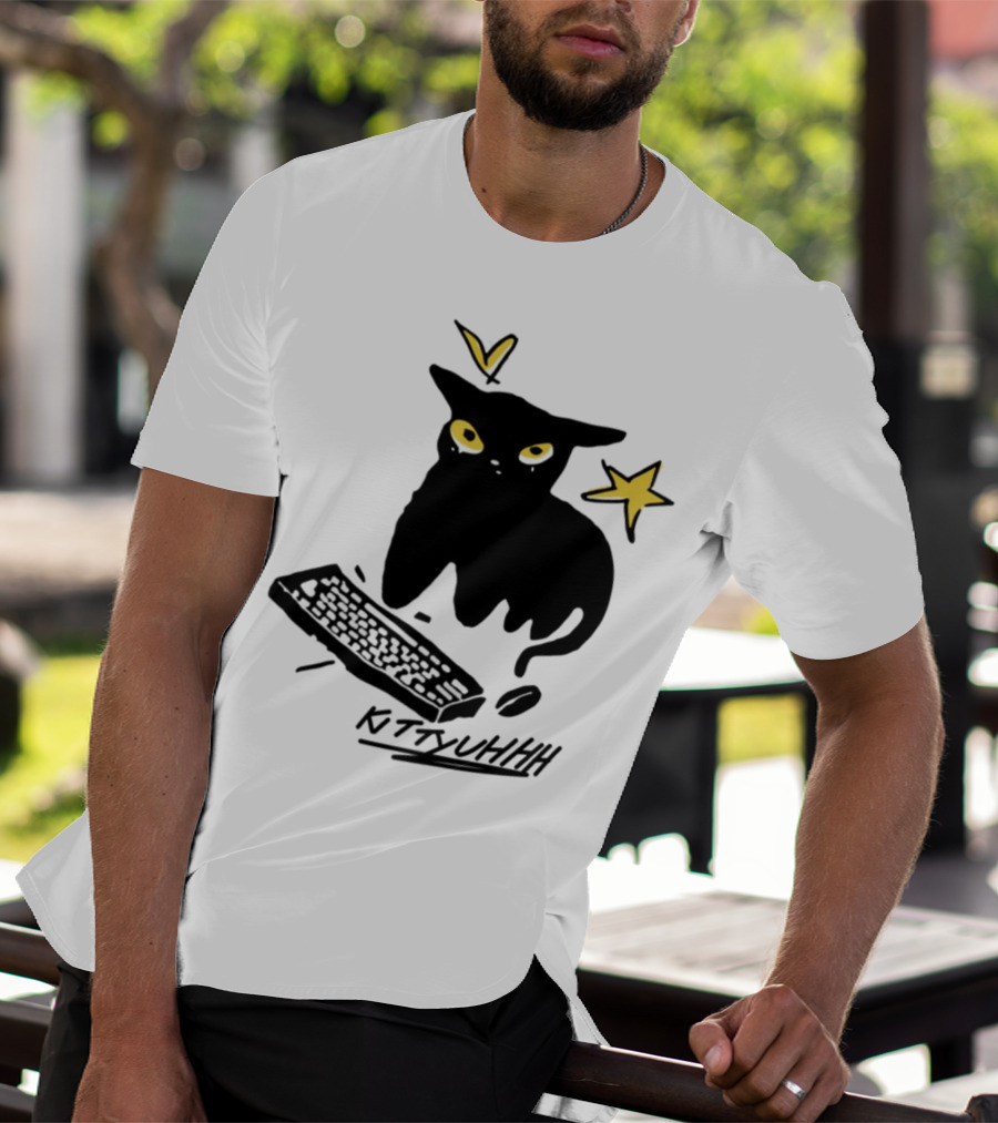 Kittyuhhh Cat At Keyboard With Yellow Eyes And Stars T-Shirt