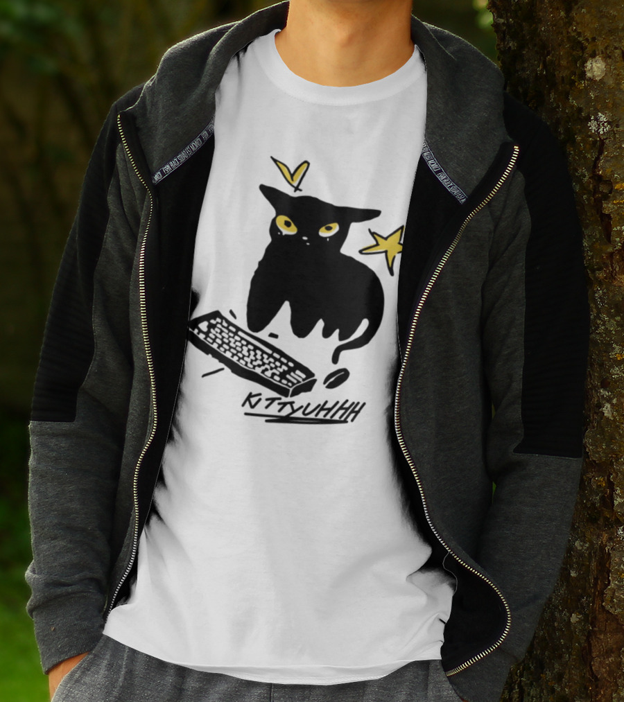 Kittyuhhh Cat At Keyboard With Yellow Eyes And Stars T-Shirt