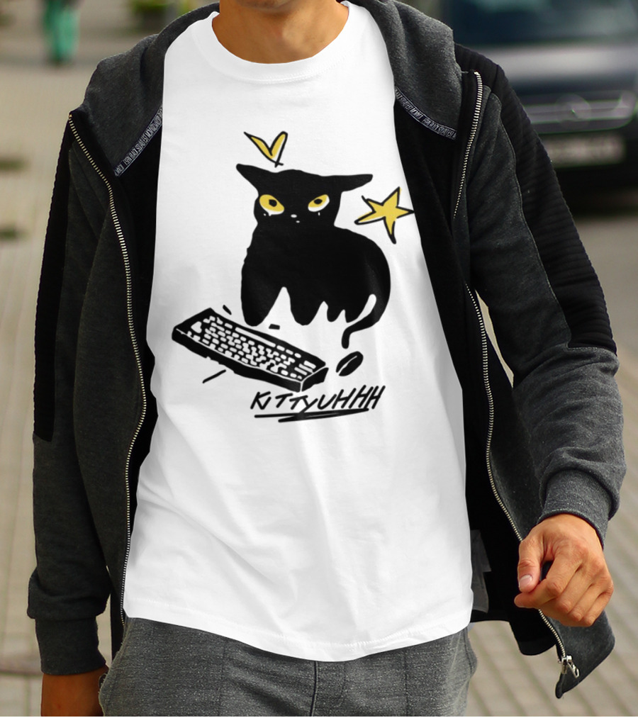 Kittyuhhh Cat At Keyboard With Yellow Eyes And Stars T-Shirt