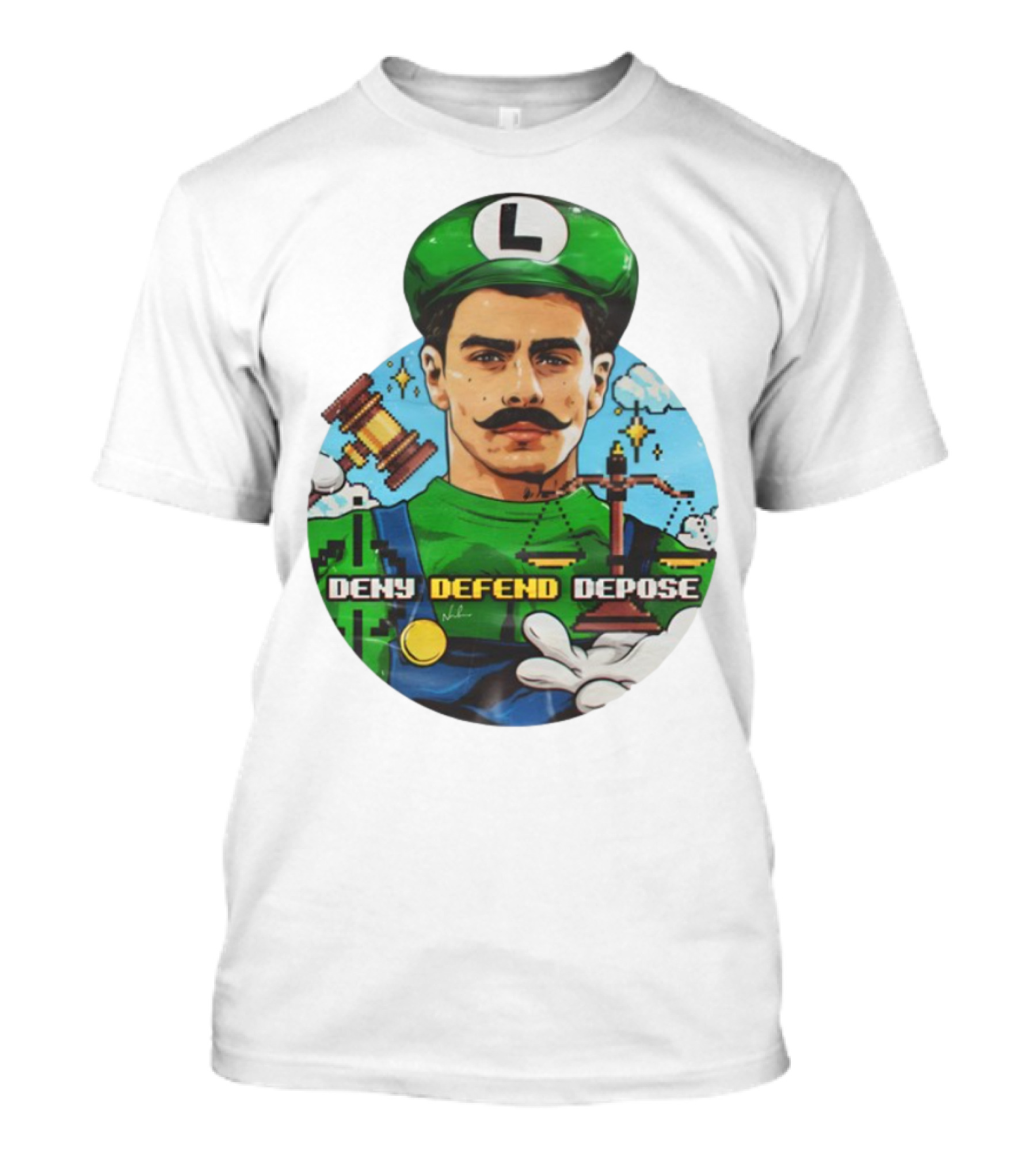 Luigi Mangione Deny Defend Depose Mario Bros Inspired Courtroom Adventure T-Shirt