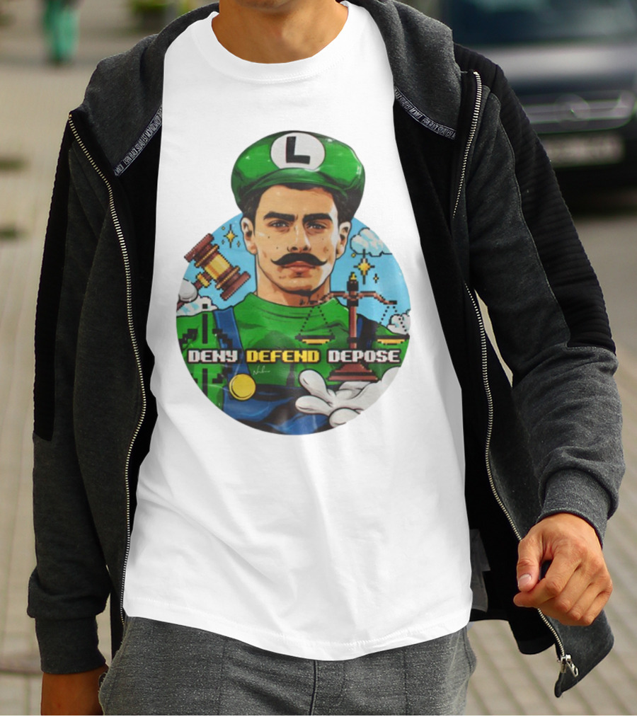 Luigi Mangione Deny Defend Depose Mario Bros Inspired Courtroom Adventure T-Shirt
