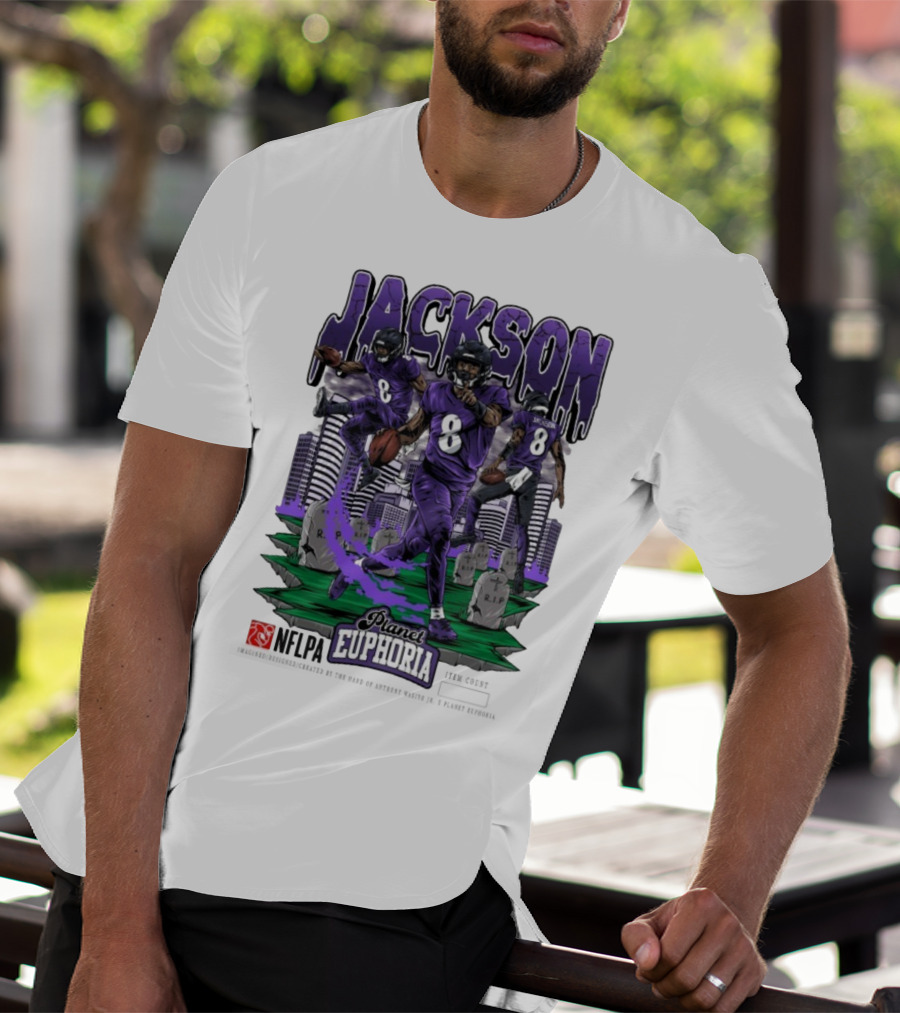Lamar Jackson NFLPA Planet Euphoria Purple Football Action T-Shirt