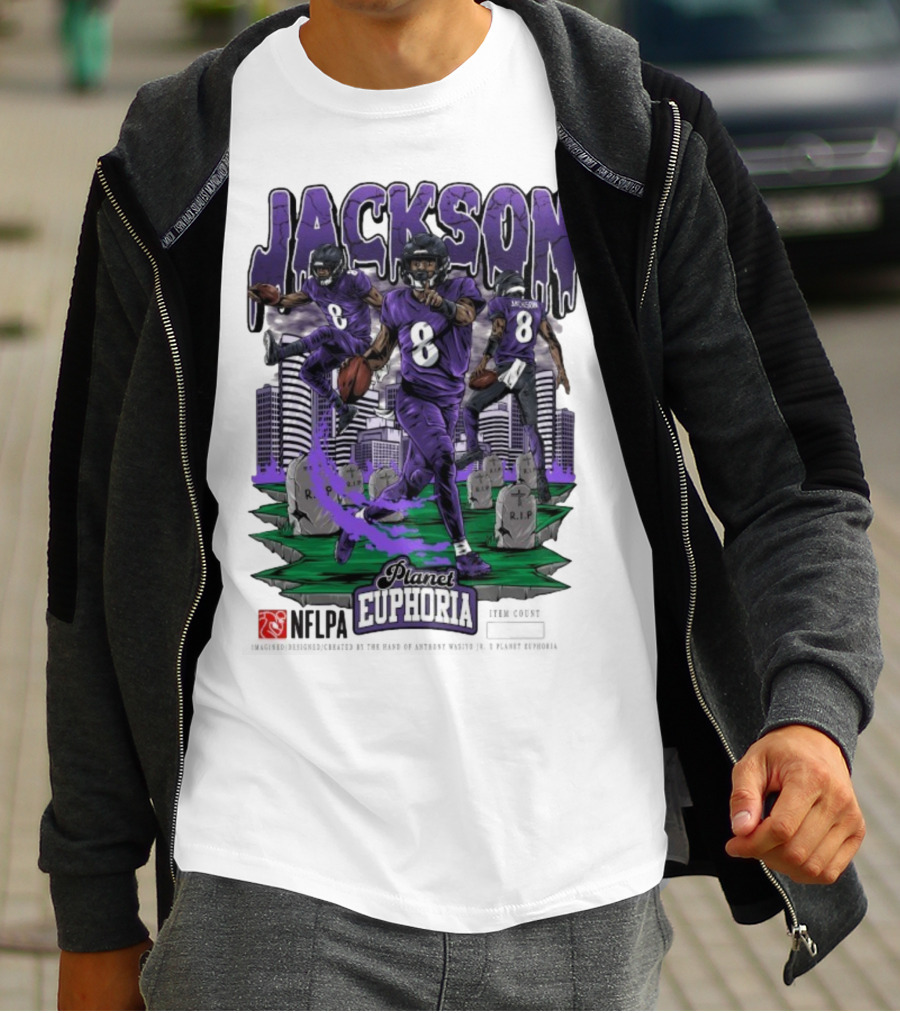 Lamar Jackson NFLPA Planet Euphoria Purple Football Action T-Shirt
