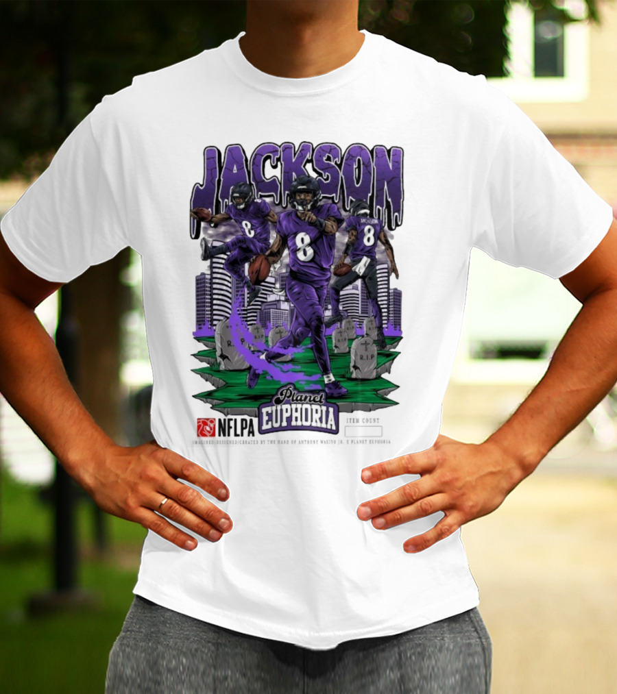 Lamar Jackson NFLPA Planet Euphoria Purple Football Action T-Shirt