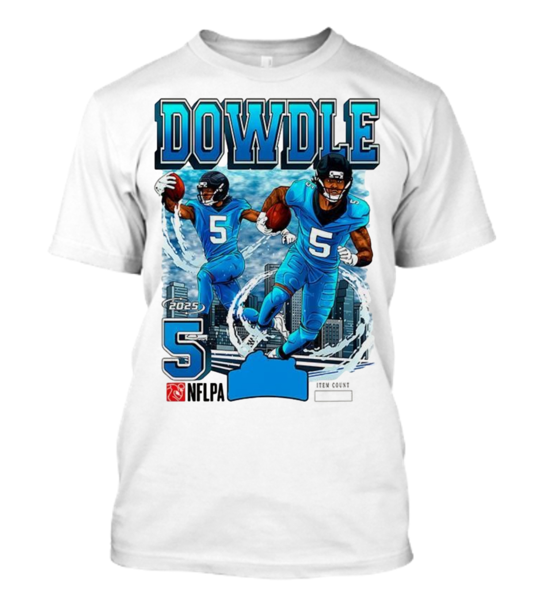 Rico Dowdle Carolina Panthers 2025 Number 5 Skyline NFLPA T-Shirt