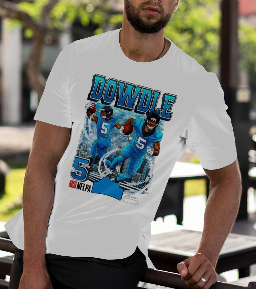 Rico Dowdle Carolina Panthers 2025 Number 5 Skyline NFLPA T-Shirt