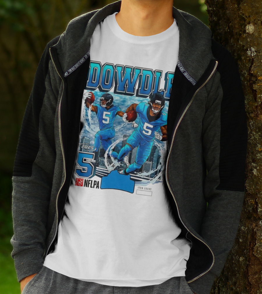 Rico Dowdle Carolina Panthers 2025 Number 5 Skyline NFLPA T-Shirt