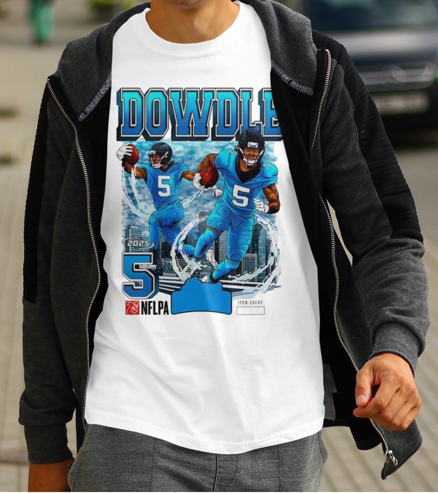 Rico Dowdle Carolina Panthers 2025 Number 5 Skyline NFLPA T-Shirt