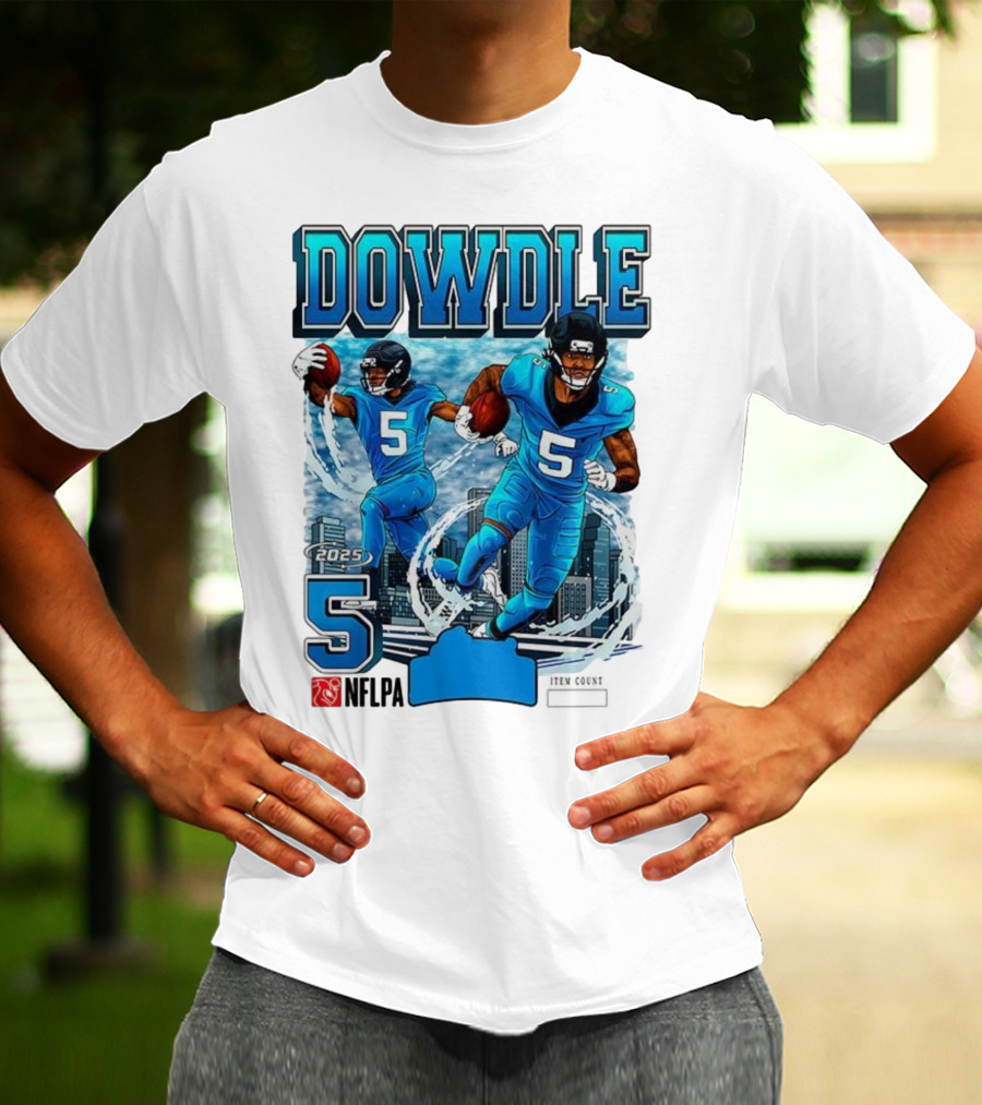 Rico Dowdle Carolina Panthers 2025 Number 5 Skyline NFLPA T-Shirt