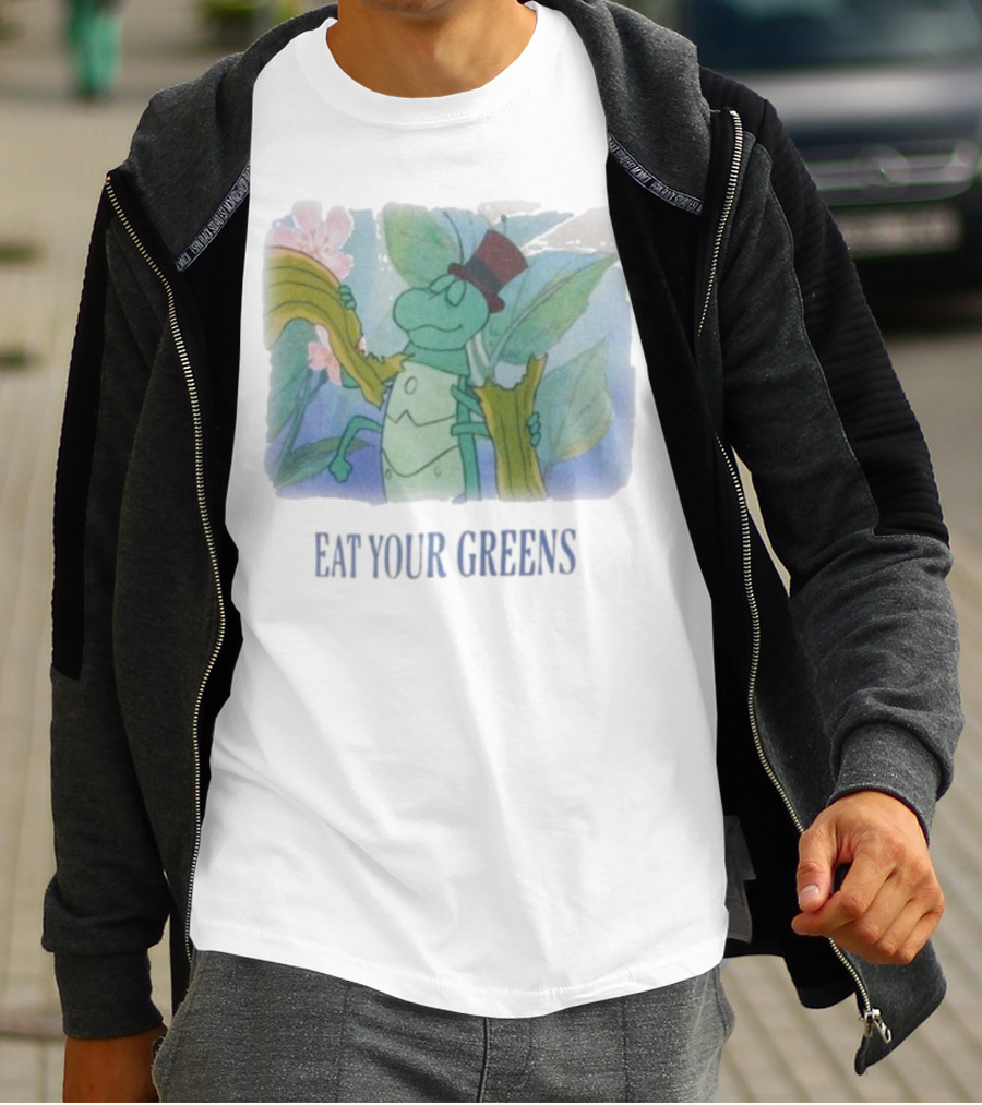 Eat Your Greens Cartoon Grasshopper Top Hat Celery Art T-Shirt