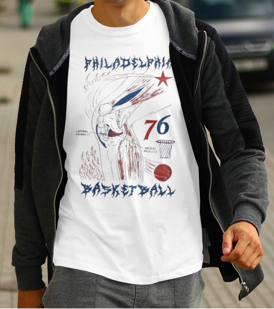 Philadelphia Basketball Red Blue Artistic 76 Star Knee Sketch T-Shirt