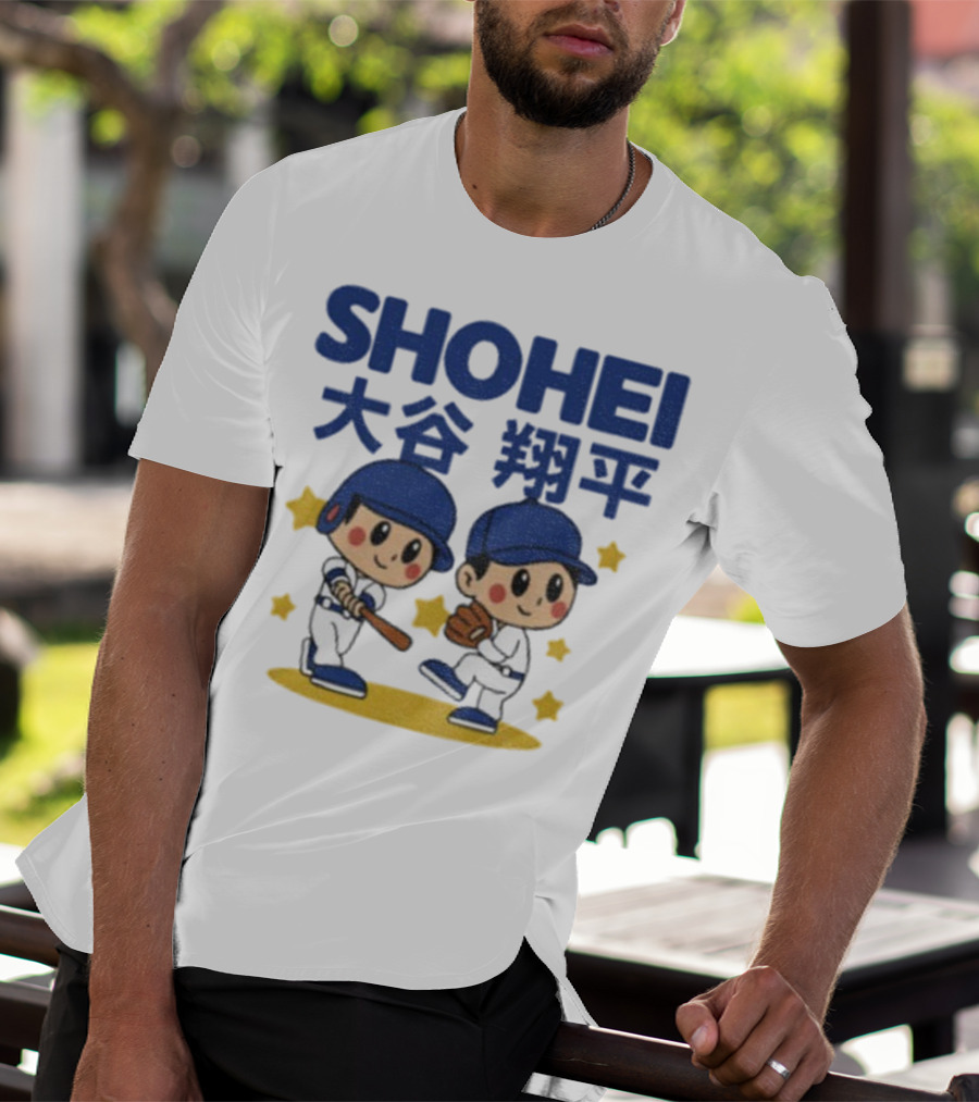 Shohei Ohtani Cartoon Baseball MLB Anime Style Kanji Stars T-Shirt