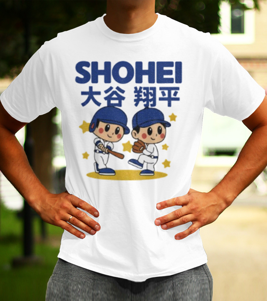 Shohei Ohtani Cartoon Baseball MLB Anime Style Kanji Stars T-Shirt