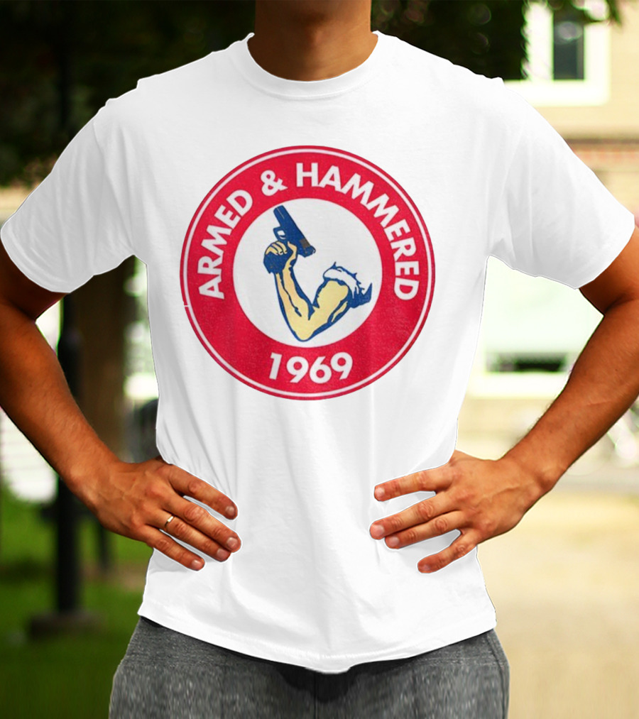 Armed And Hammered 1969 Circle Red And White Vintage Arm With Gun T-Shirt