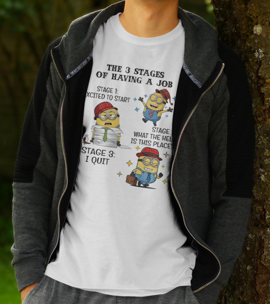 Minions The 3 Stages Of Having A Job Excited To Start What The Hell Is This Place I Quit T-Shirt