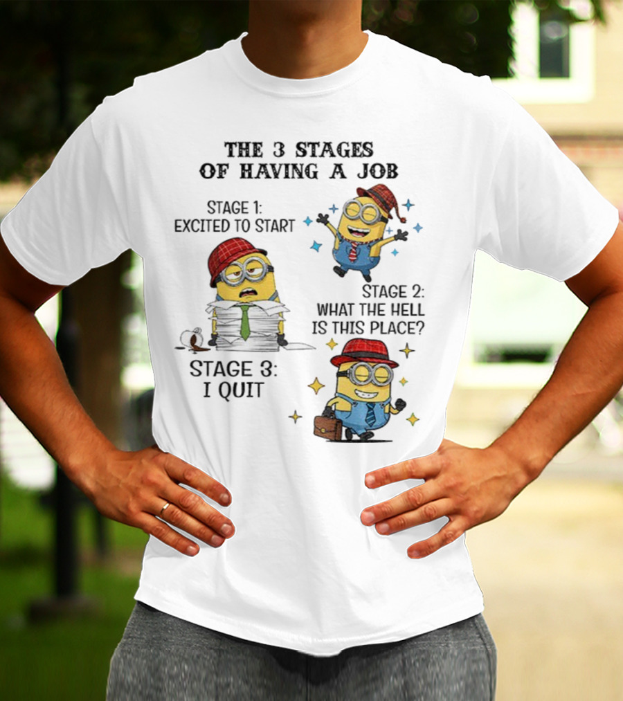 Minions The 3 Stages Of Having A Job Excited To Start What The Hell Is This Place I Quit T-Shirt