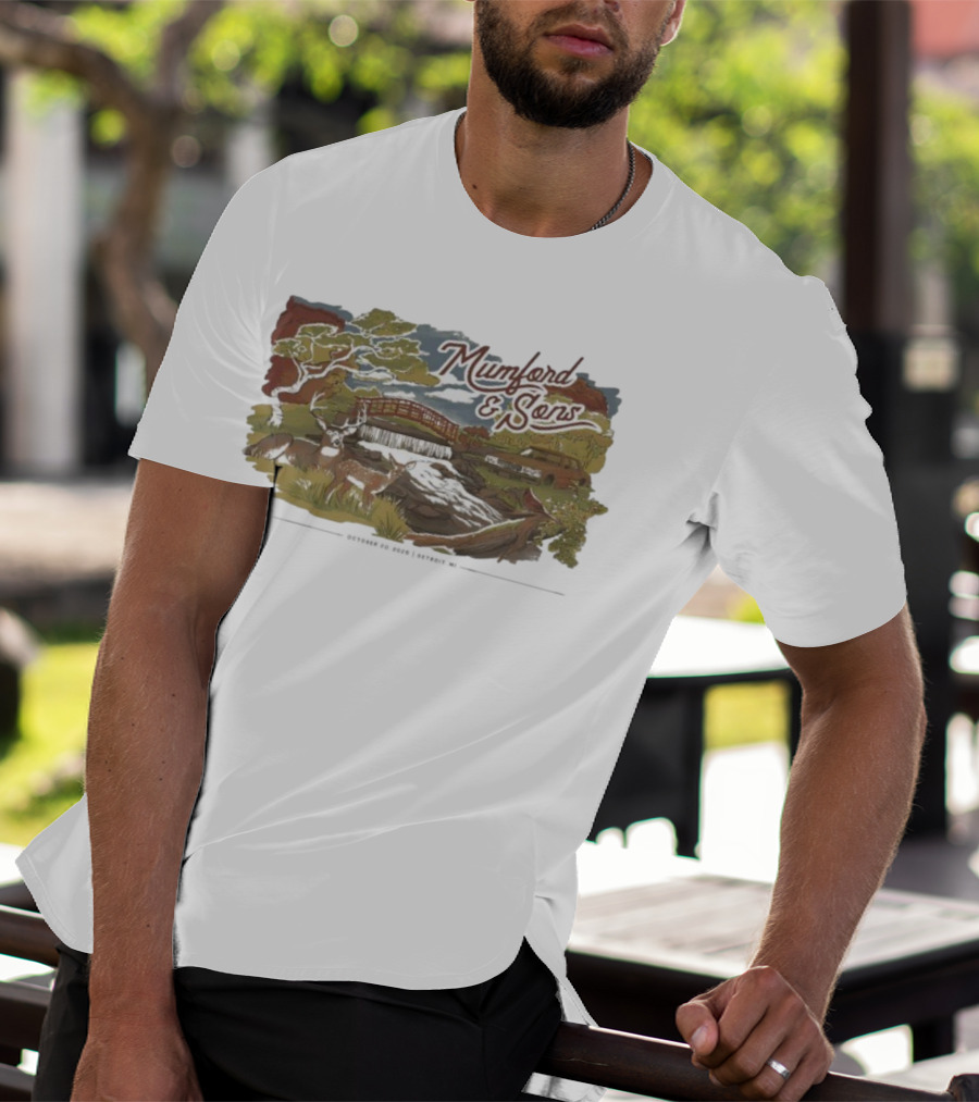 Mumford & Sons Little Caesars Arena Detroit MI October 20 2025 Deers Bridge And Stream Scene T-Shirt